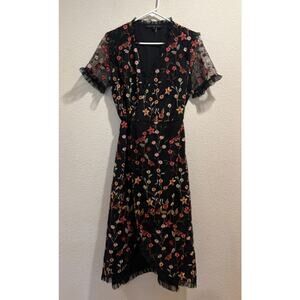 Endless Rose Black Multicolor Floral Embroidered Ruffle Wrap Midi Dress Size L